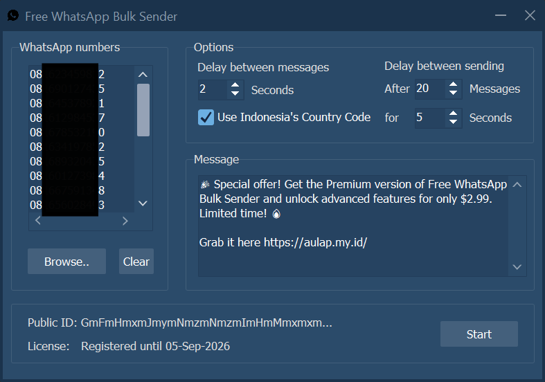 Free WhatsApp Bulk Sender Main Interface
