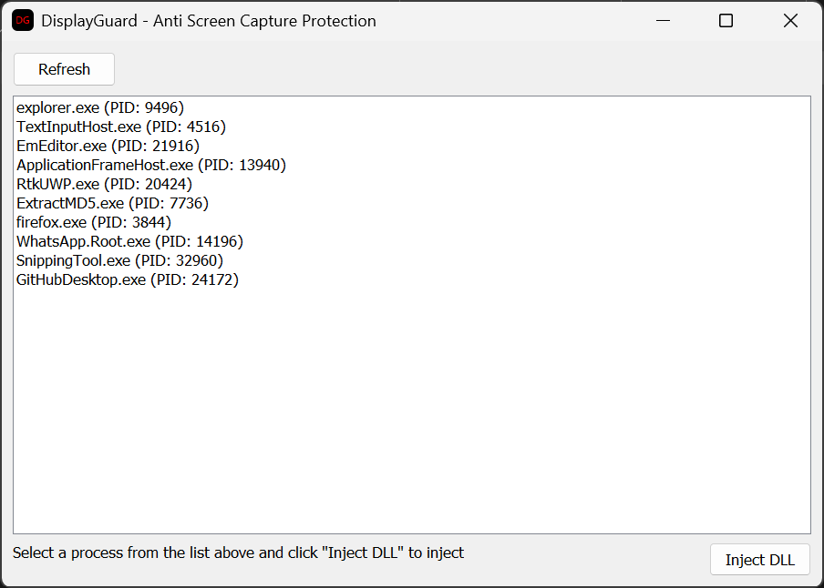 Tampilan aplikasi DisplayGuard dengan daftar aplikasi Windows dan tombol penerapan proteksi