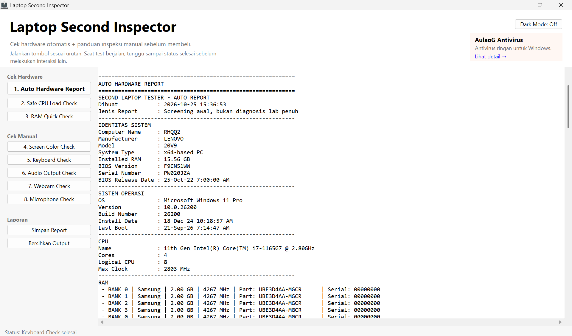 Tampilan aplikasi Laptop Second Inspector