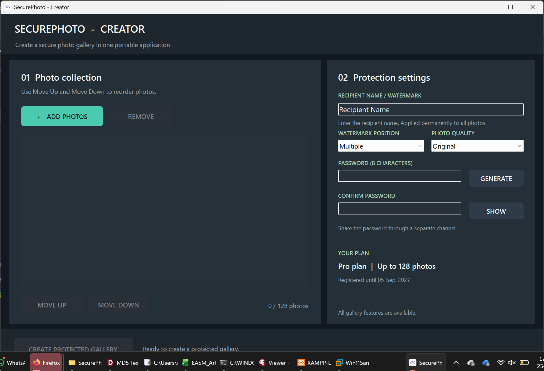 Tampilan SecurePhoto Creator untuk menambahkan foto, mengatur watermark, password, dan membuat protected gallery